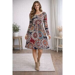 Himone Women's Boho Medallion Print Long Sleeve Empire Waist Dress Size Small S